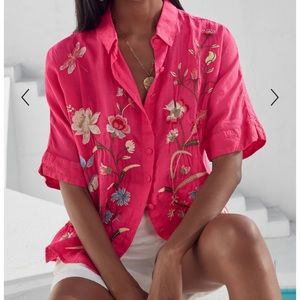 Johnny Was Geniveve Relaxed Dolman Sleeve Button Up Shirt Embroidered Ramie M